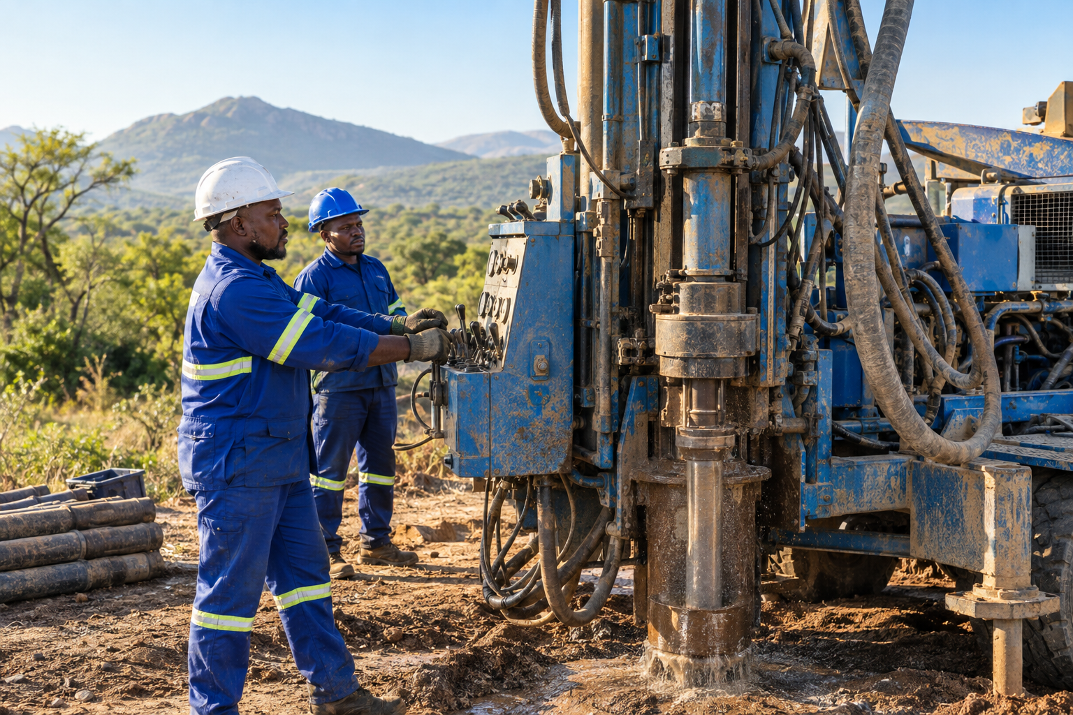 Black South African technicians operating a borehole drilling machine