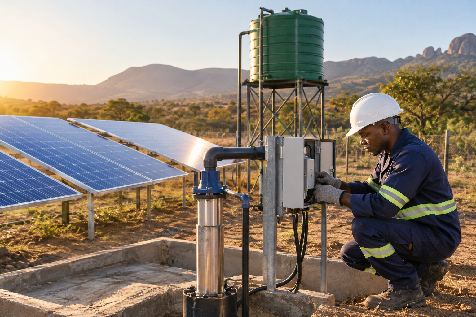 Black South African technician commissioning a solar water pump